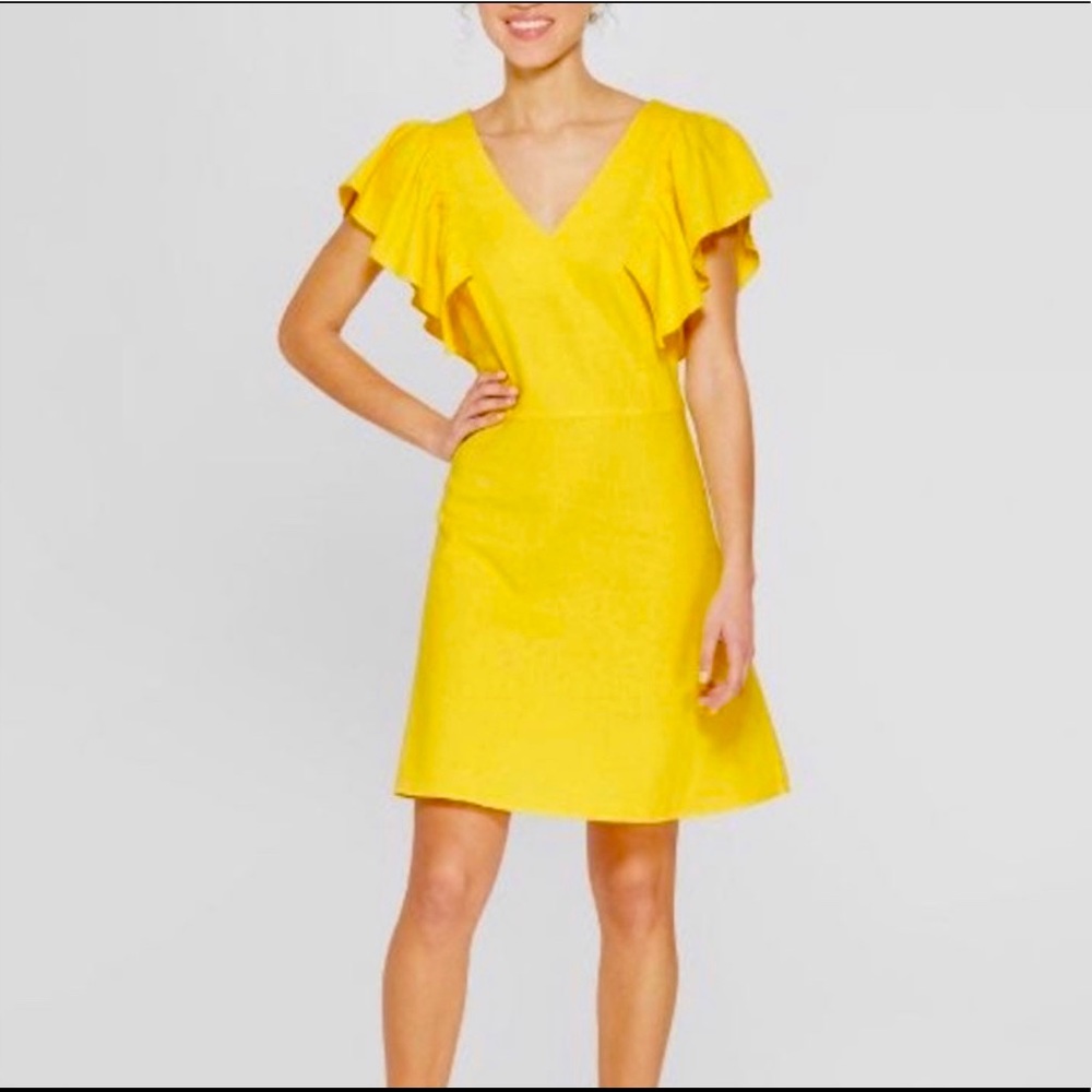 A•New•Day Lemon 🍋 Yellow Linen Summer Dress with Ruffled Sleeves